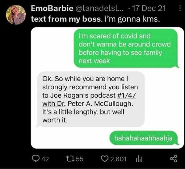 An employee quitting text message exchange shared on Twitter by user EmoBarbie, where a vulnerable worker admits to being terrified of catching Covid-19 before visiting family, prompting their manager to respond by unironically suggesting they spend their time off listening to a lengthy Joe Rogan podcast episode.