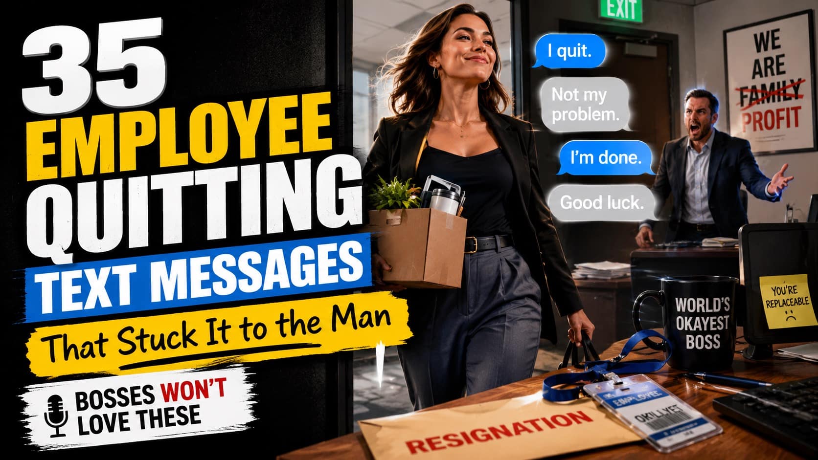 An archival compilation of employee quitting text messages capturing the definitive collective boiling point of the modern workforce against toxic management; prominently showcasing a mock-automated error message stating "The employee you are trying to reach does not care," a worker sending a provocative, sensual bedroom photo to a manager demanding a picture of their new non-slip shoes, and an unhinged manager threatening an immediate felony police report over a sudden move to Houston.