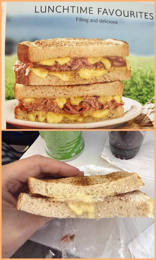 Comparison of a gourmet loaded pulled pork sandwich menu photo versus a depressing, nearly empty cheese sandwich.