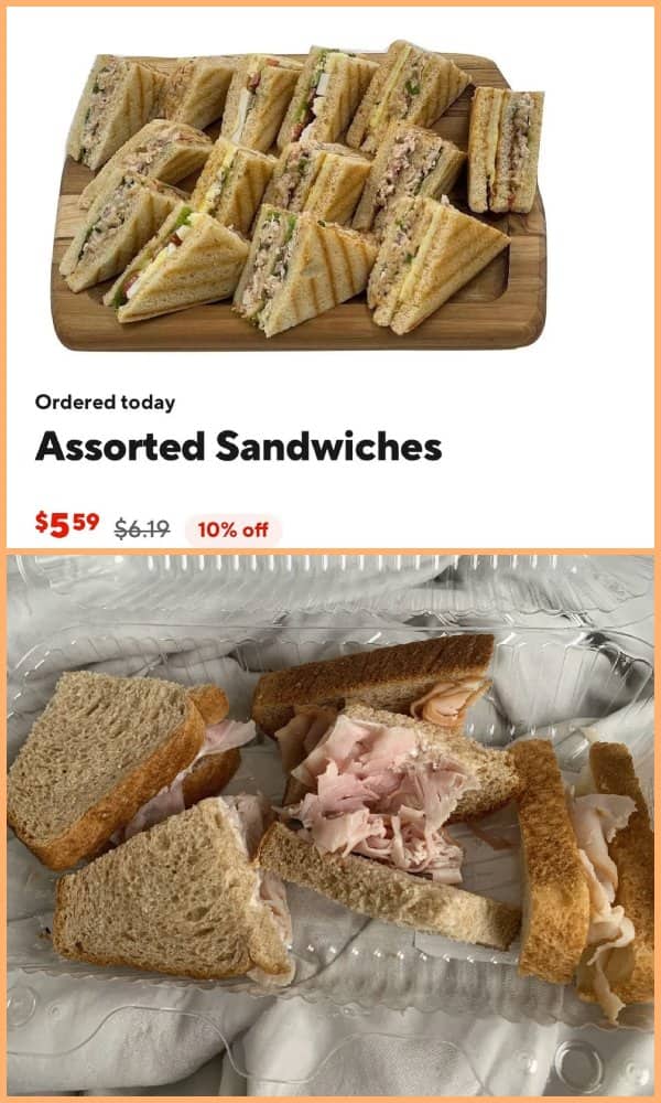 Delivery app photo of gourmet catering sandwiches compared to a plastic container of mangled turkey bread slices.