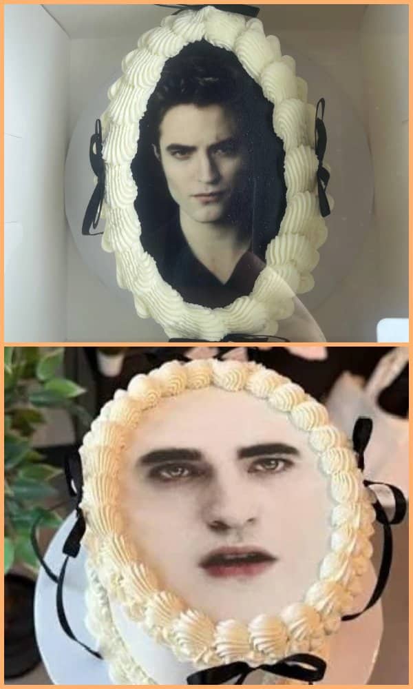 Side-by-side of a professional Robert Pattinson cake next to a distorted, pale vampire face cake.