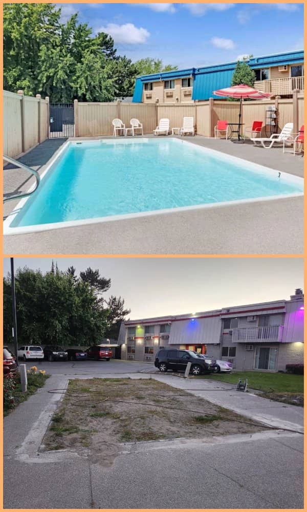 Sunny motel pool advertisement contrasting against the reality of a demolished concrete pit filled with dirt.