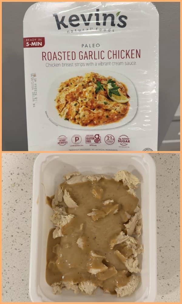 Package of Kevin's roasted garlic chicken next to a reality of generic chicken covered in brown sludge.