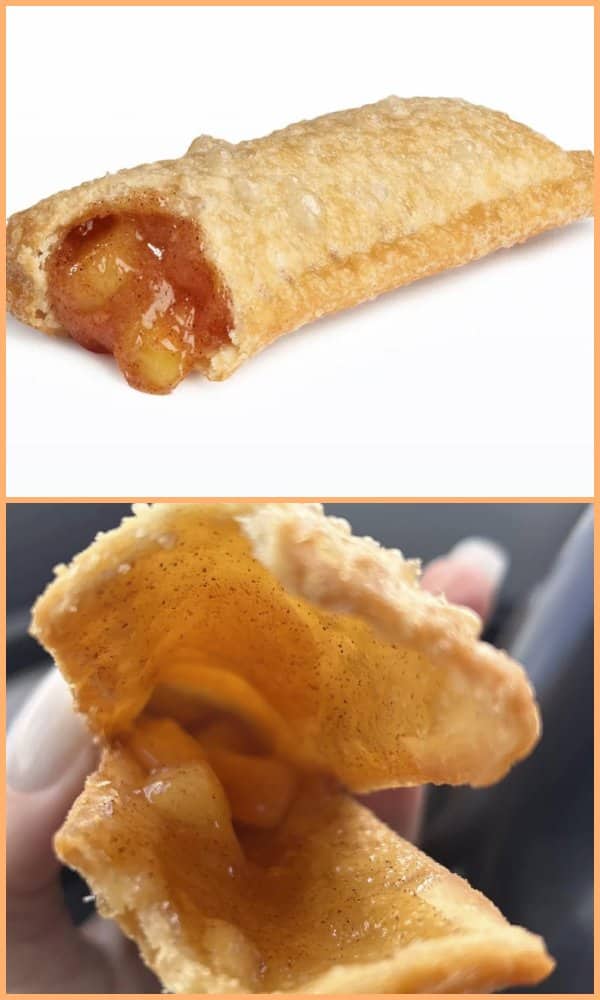 Commercial photo of a crisp, stuffed apple pie next to a hollow, empty fried pastry shell.