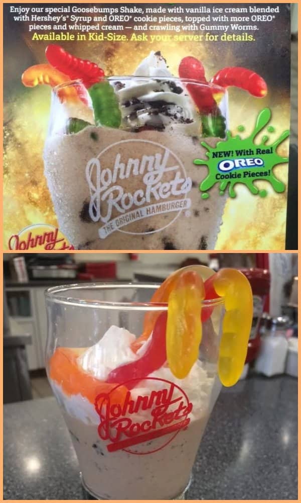 Menu graphic of a vibrant Johnny Rockets Goosebumps milkshake versus a sad drink with two gummy worms.