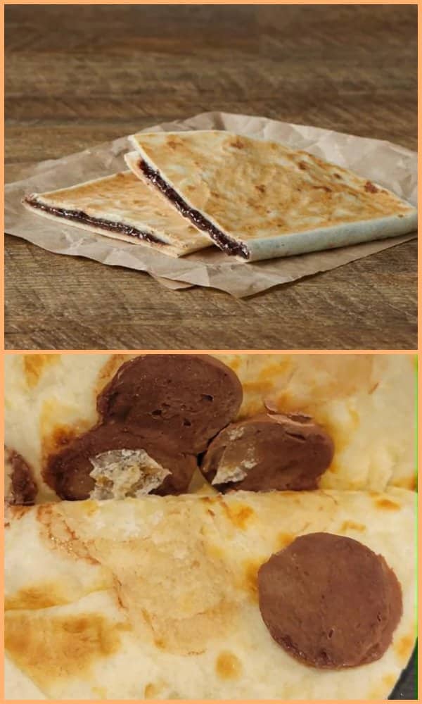 Promotional picture of a chocolate quesadilla next to a reality of flat dough with three circular blobs.