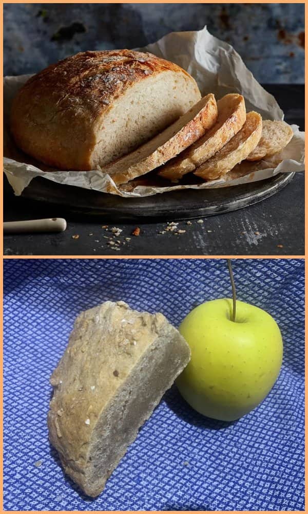Beautifully crusted sourdough loaf next to a dense grey wedge of bread sitting beside a green apple.