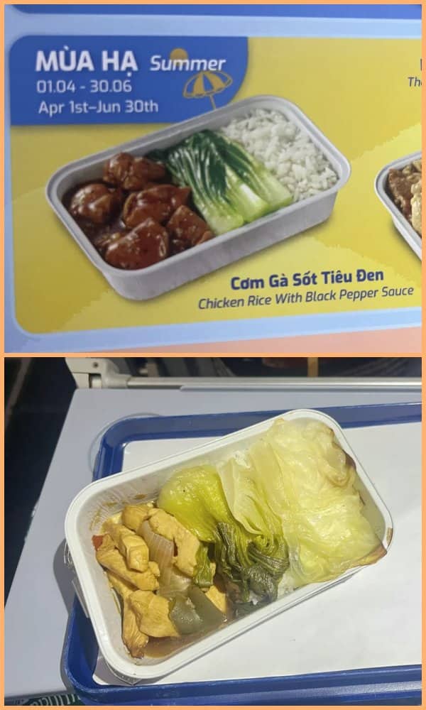 Airplane menu image of chicken rice with black pepper sauce versus a real tray dominated by pale cabbage.