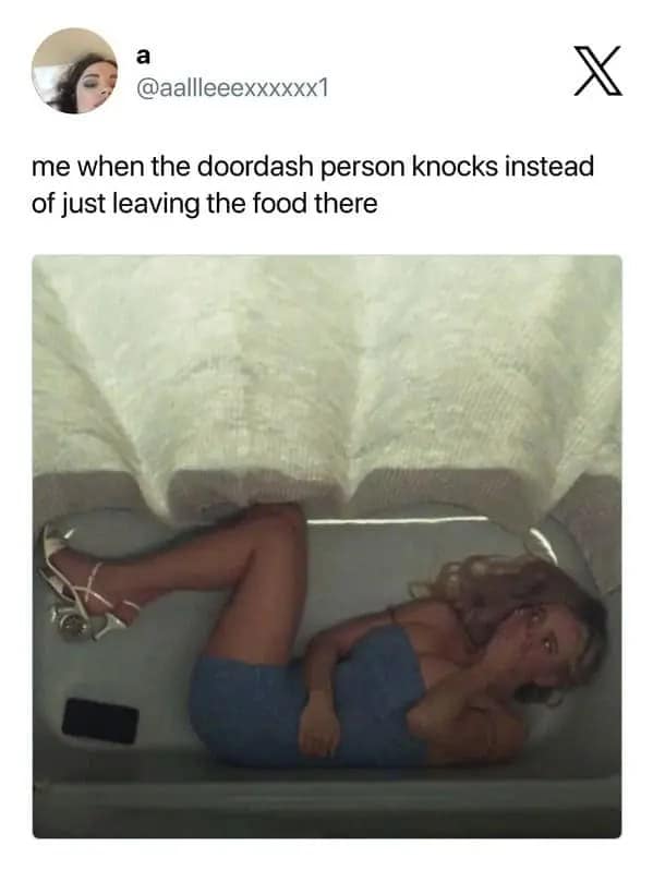 Food delivery meme showing a woman hiding dramatically behind curtains with the text “me when the doordash person knocks instead of just leaving the food there,” perfectly capturing the feral panic of being perceived during a no-contact delivery.