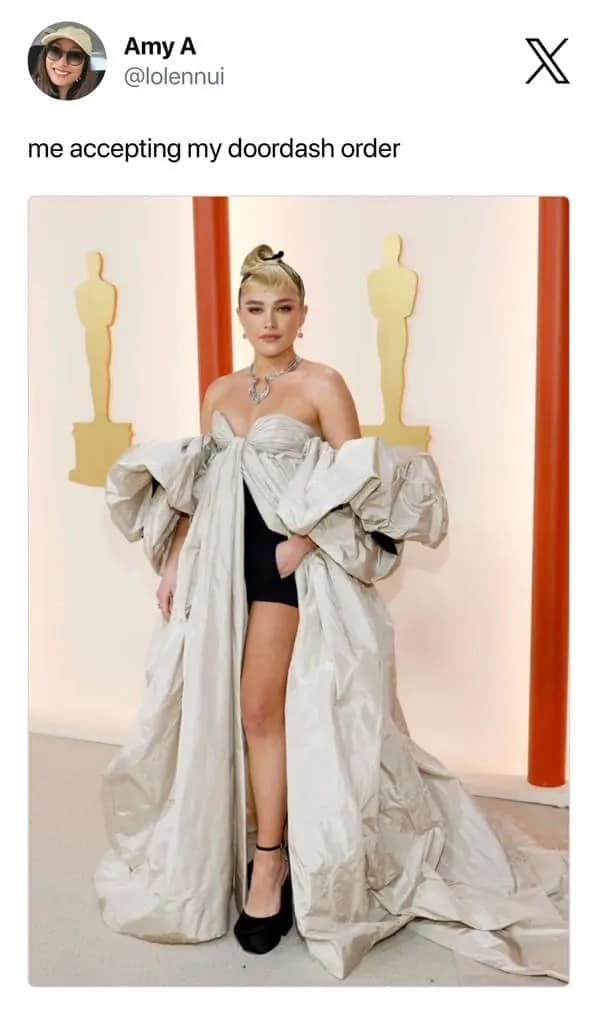 Food delivery meme showing a glamorous red carpet outfit used to represent “me accepting my doordash order,” turning the five-second doorway food handoff into a full awards-season entrance for someone who definitely ordered fries in pajamas.