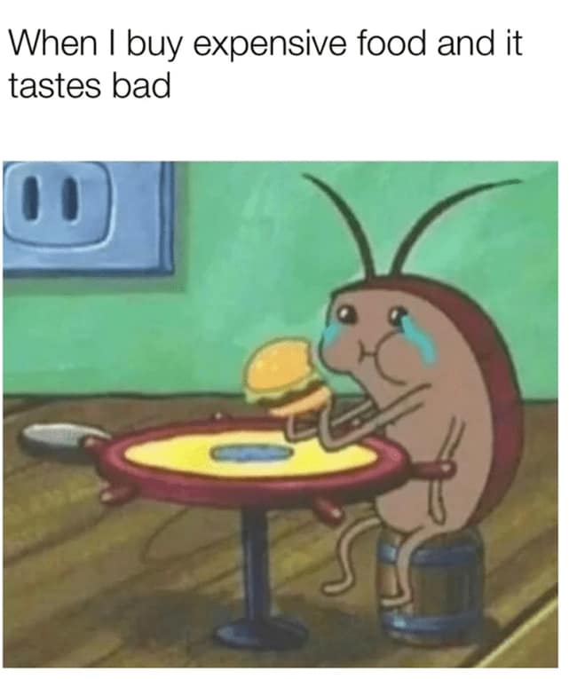 Food delivery meme with the text “When I buy expensive food and it tastes bad,” showing a sad cartoon cockroach crying while holding a tiny burger, perfectly expressing the heartbreak of paying premium prices for a meal that tastes like betrayal in a paper bag.