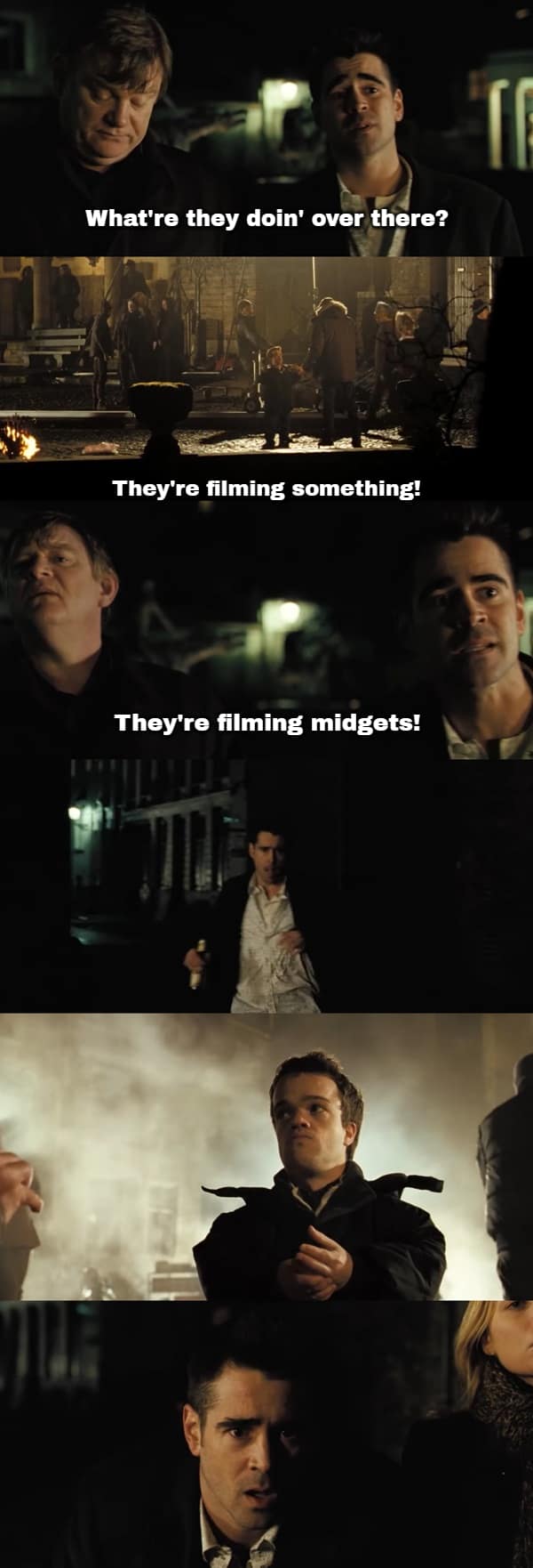 A multi-panel cinematic progression tracking a classic funny In Bruges quote sequence where Ray discovers a film set, excitedly yells that they are filming dwarfs, and looks onward in an absolute state of wide-eyed, childlike awe.