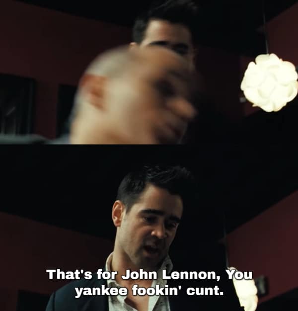 A two-panel motion sequence featuring an aggressive funny In Bruges quote captures Ray striking a restaurant patron in mid-motion before looking down to declare, "That's for John Lennon, You yankee fookin' c*nt."