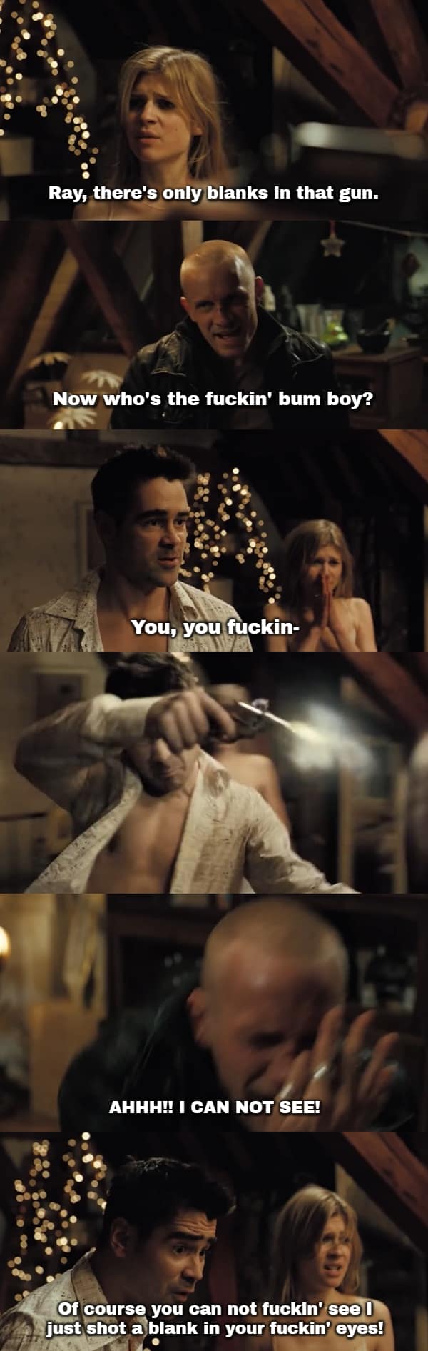 A multi-panel action breakdown displaying a dark funny In Bruges quote where Ray shoots a blank round directly into Eirik's face during an intense attic fight, beautifully concluding the argument with, "Of course you can not fuckin' see I just shot a blank in your f*ckin' eyes!"