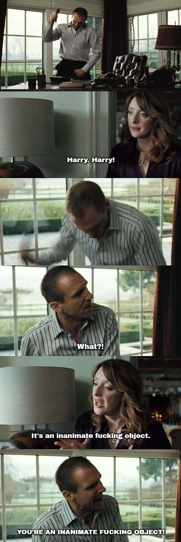 A brilliant five-panel domestic meltdown captures the most famous funny In Bruges quote in the film, tracking Harry smashing his desk telephone to pieces before turning to scream at his wife, "YOU'RE AN INANIMATE F*CKING OBJECT!"