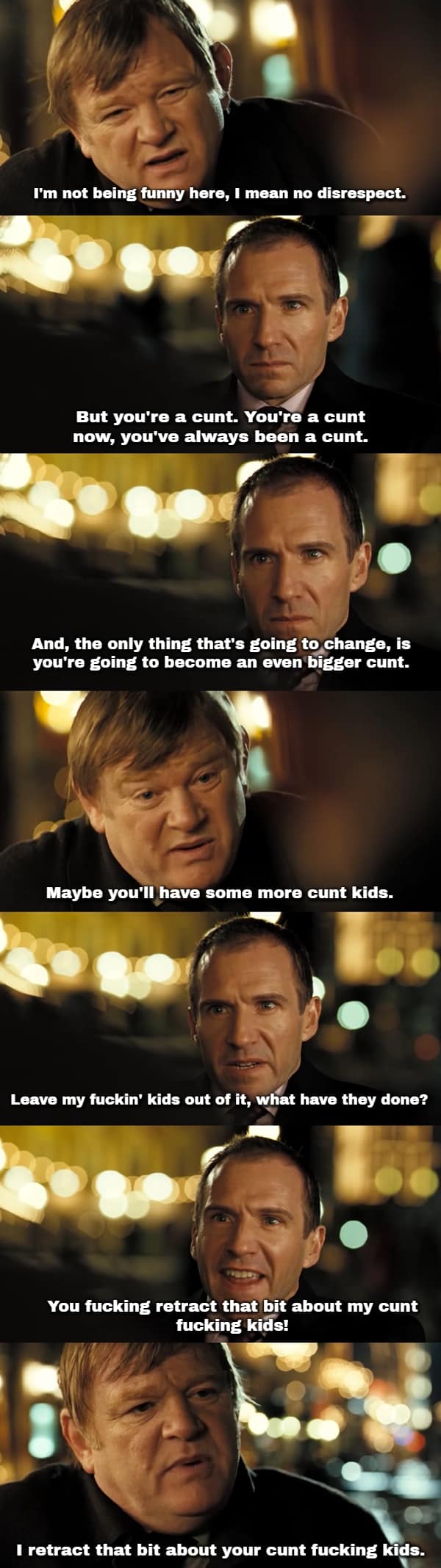 seven-panel dialogue sequence displaying an intense funny In Bruges quote exchange between Ken and Harry at a canal-side patio, where Harry aggressively forces Ken to formally retract a highly offensive comment about his children.
