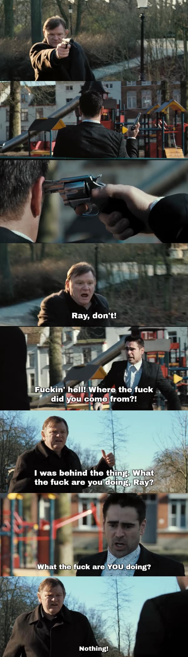 A multi-panel playground standoff capturing a chaotic funny In Bruges quote interaction where Ken sneaks up to execute Ray, only to catch Ray holding a gun to his own head, leading to an incredibly awkward, profanity-laced argument over who was hiding behind the playground slide.