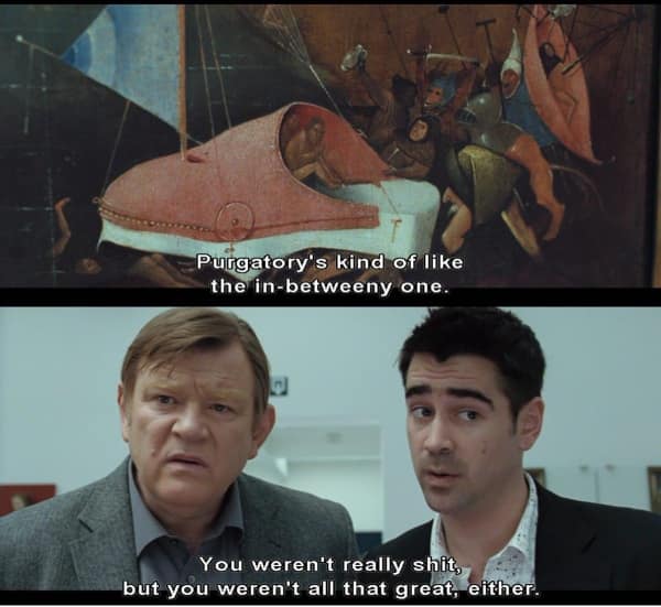 A museum scene capturing a witty, existential funny In Bruges quote as Ray and Ken look at a surreal Hieronymus Bosch painting, with Ray comparing the concept of Purgatory to an uninspiring, completely average middle ground.