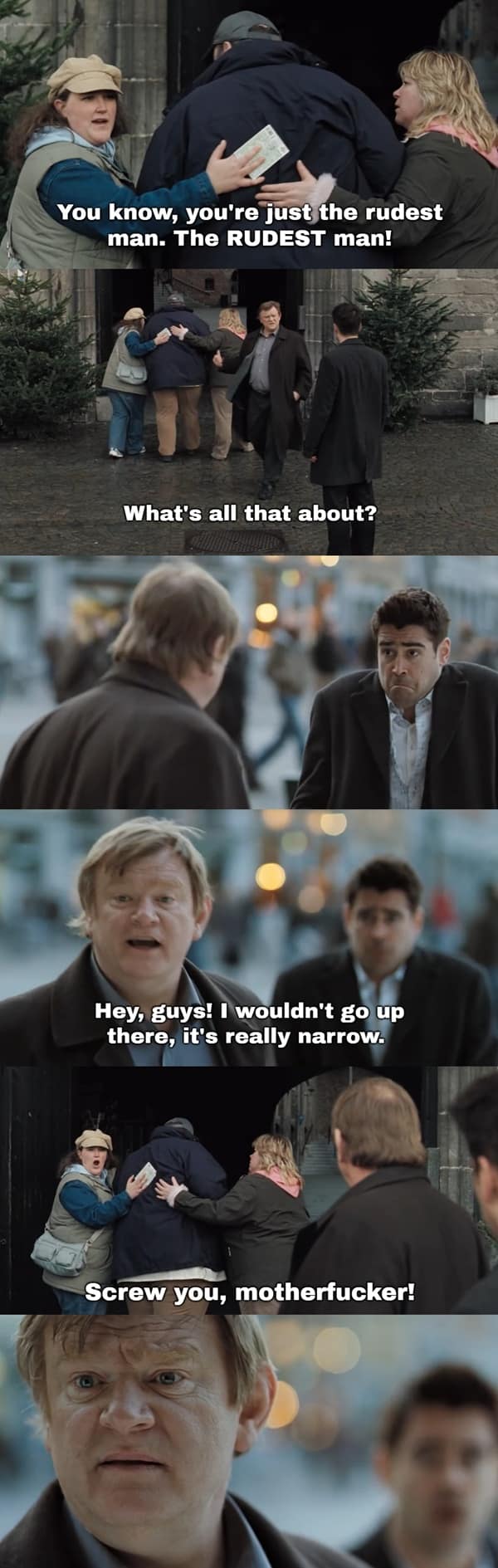 : A hilarious multi-panel aftermath sequence displaying a funny In Bruges quote scene where Ken politely steps in to warn the same angry tourists about a narrow staircase, only to get screamed at, leaving him utterly hurt and bewildered.