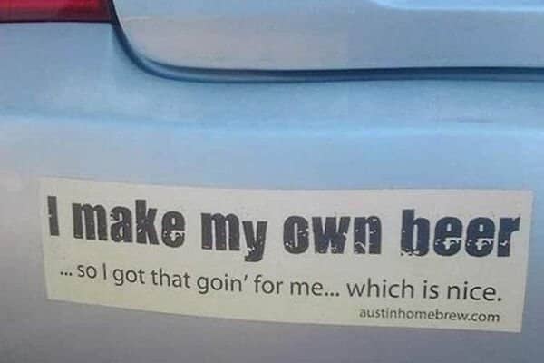 Close-up of a bumper sticker referencing a Caddyshack quote about homebrewing beer.