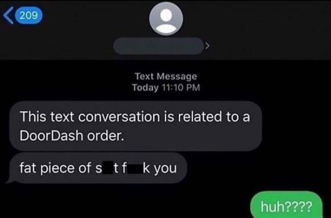 A shocking, unprovoked hostile exchange saved as a funny delivery driver text, where a courier opens the text field with an aggressive profanity string completely out of nowhere.