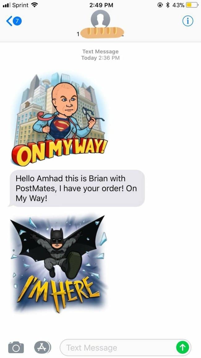 A text message conversation displays an enthusiastic PostMates courier named Brian sending Amhad superhero Bitmoji stickers, including a Superman "ON MY WAY!" graphics card and a Batman "I'M HERE" notification.