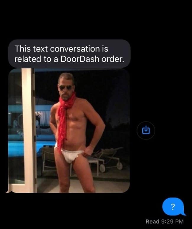 A completely surreal DoorDash chat logs an unhinged text interaction where a courier randomly messages the customer a bizarre poolside photo of Hunter Biden posing in a red scarf and white briefs.