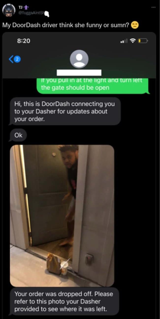 A messy confirmation screenshot displays a funny delivery driver text drop-off photo on Twitter, where the courier snapped a picture of the food bag while explicitly catching the disheveled customer peeking open the door.