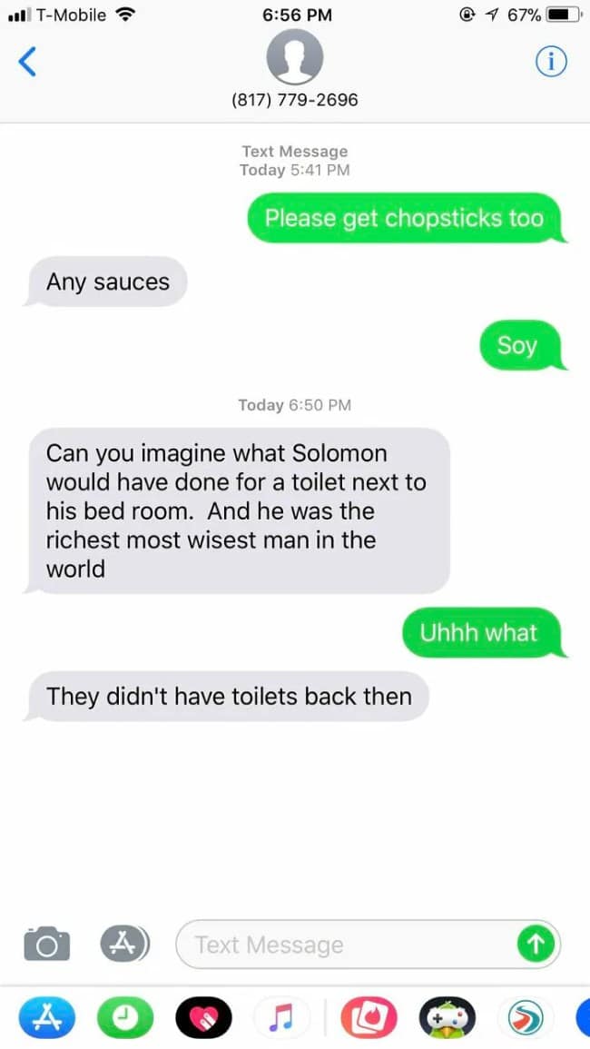 A surreal chat session featured as an unhinged funny delivery driver text template, where a simple request for soy sauce and chopsticks prompts the courier to launch into an out-of-context historical lecture about King Solomon not having an indoor toilet next to his bedroom.