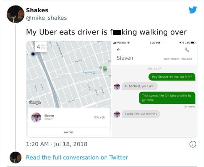 A viral screenshot shared as a funny delivery driver text highlight, displaying an active map where the assigned courier's vehicle type is officially listed as "WALKER," confidently texting that he walks fast so there are no worries.