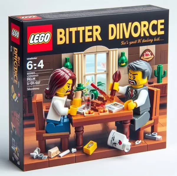 Mockup box for an adult Lego set titled Bitter Divorce showing a chaotic kitchen argument scene.