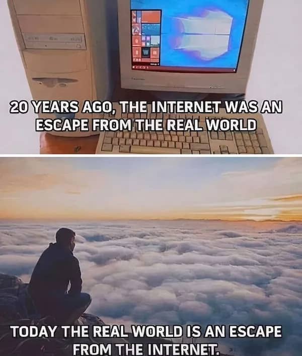 A side-by-side meme comparing an old computer setup to a person looking over mountain clouds.