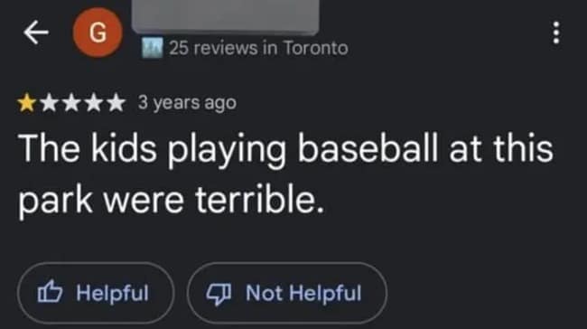 misplaced athletic critique posted as a funny google review shows a 1-star rating for a local public park where the reviewer bluntly states, "The kids playing baseball at this park were terrible."