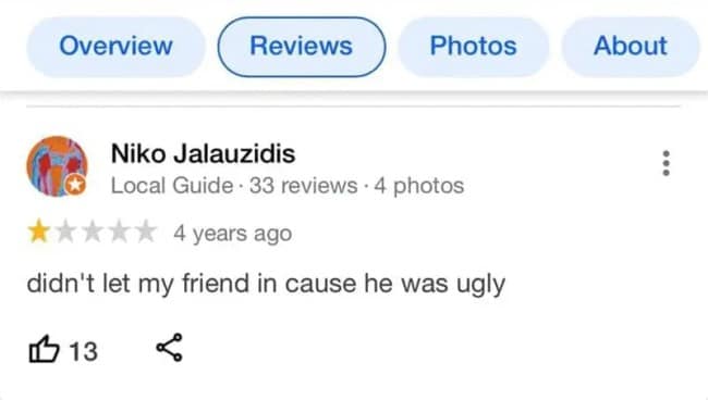 A blunt 1-star funny google review posted by Local Guide Niko Jalauzidis logs a harsh bouncer interaction outside a public venue, bypassing traditional complaints to simply write, "didn't let my friend in cause he was ugly."