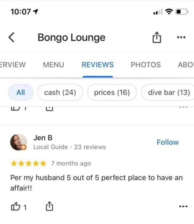 A highly compromised 5-star validation operating as a funny google review for an establishment named Bongo Lounge features a massive domestic red flag from Local Guide Jen B, who enthusiastically notes: "Per my husband 5 out of 5 perfect place to have an affair!!"