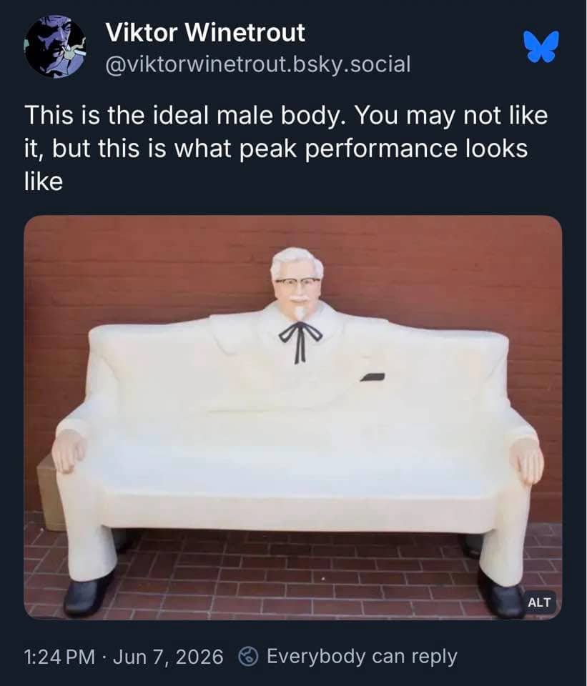 Social media post showing a statue of Colonel Sanders shaped like a wide white bench meme.
