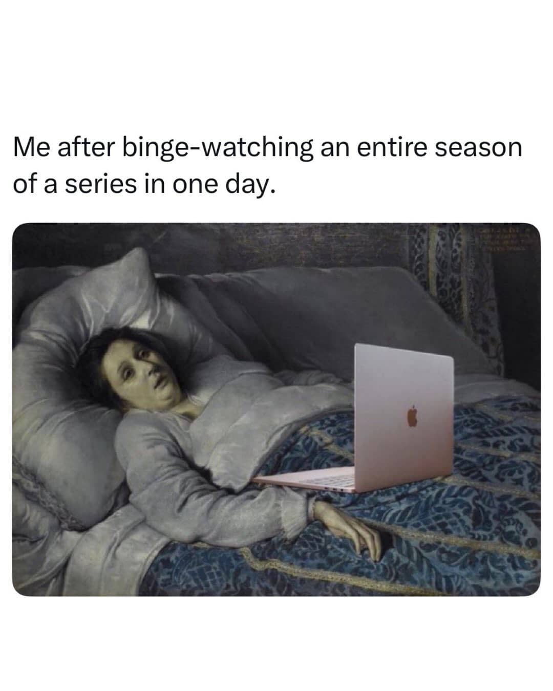 : Classical art painting of an exhausted woman in bed with an edited laptop binge watching meme.