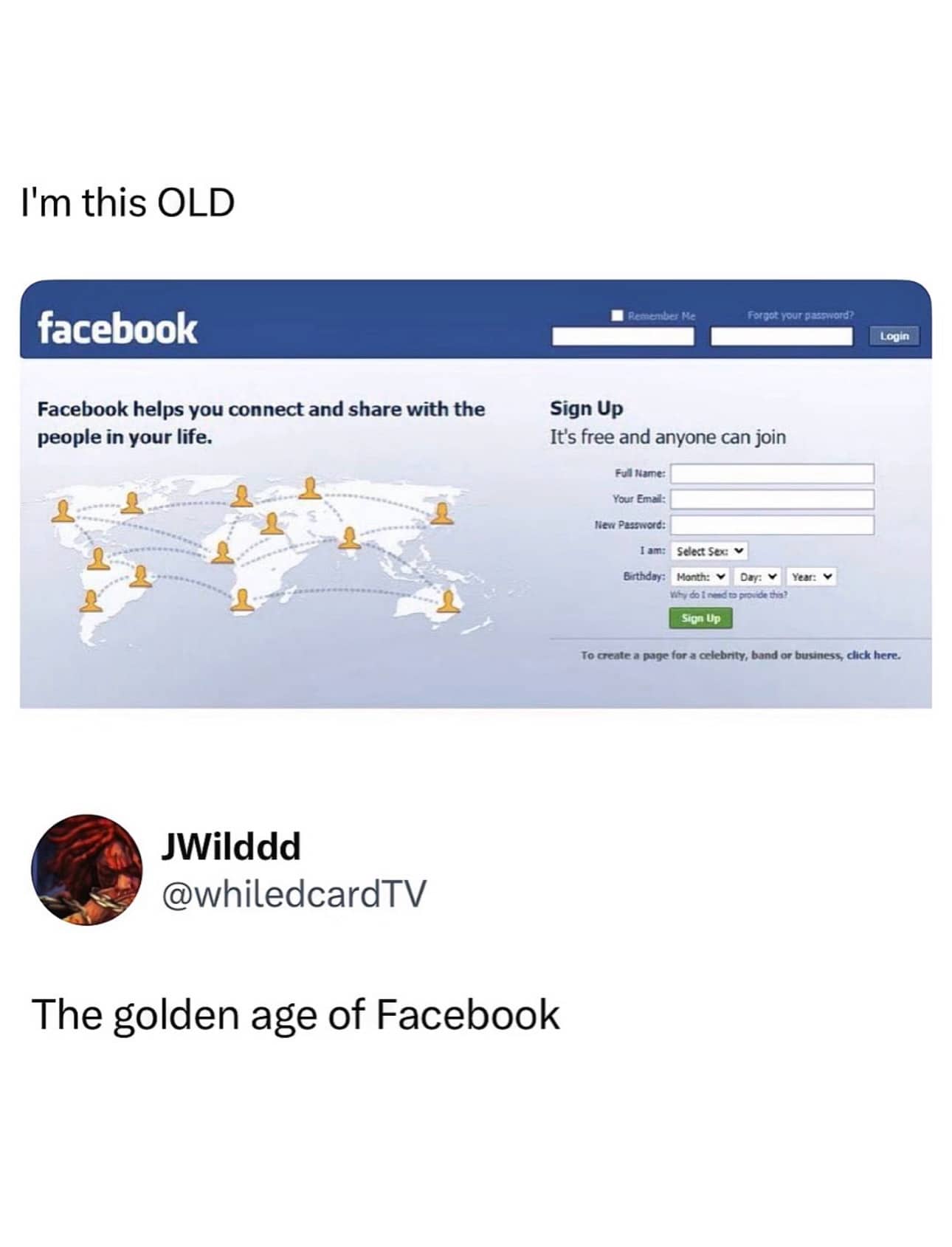 Nostalgic social media post showcasing the original late 2000s desktop login interface for Facebook.
