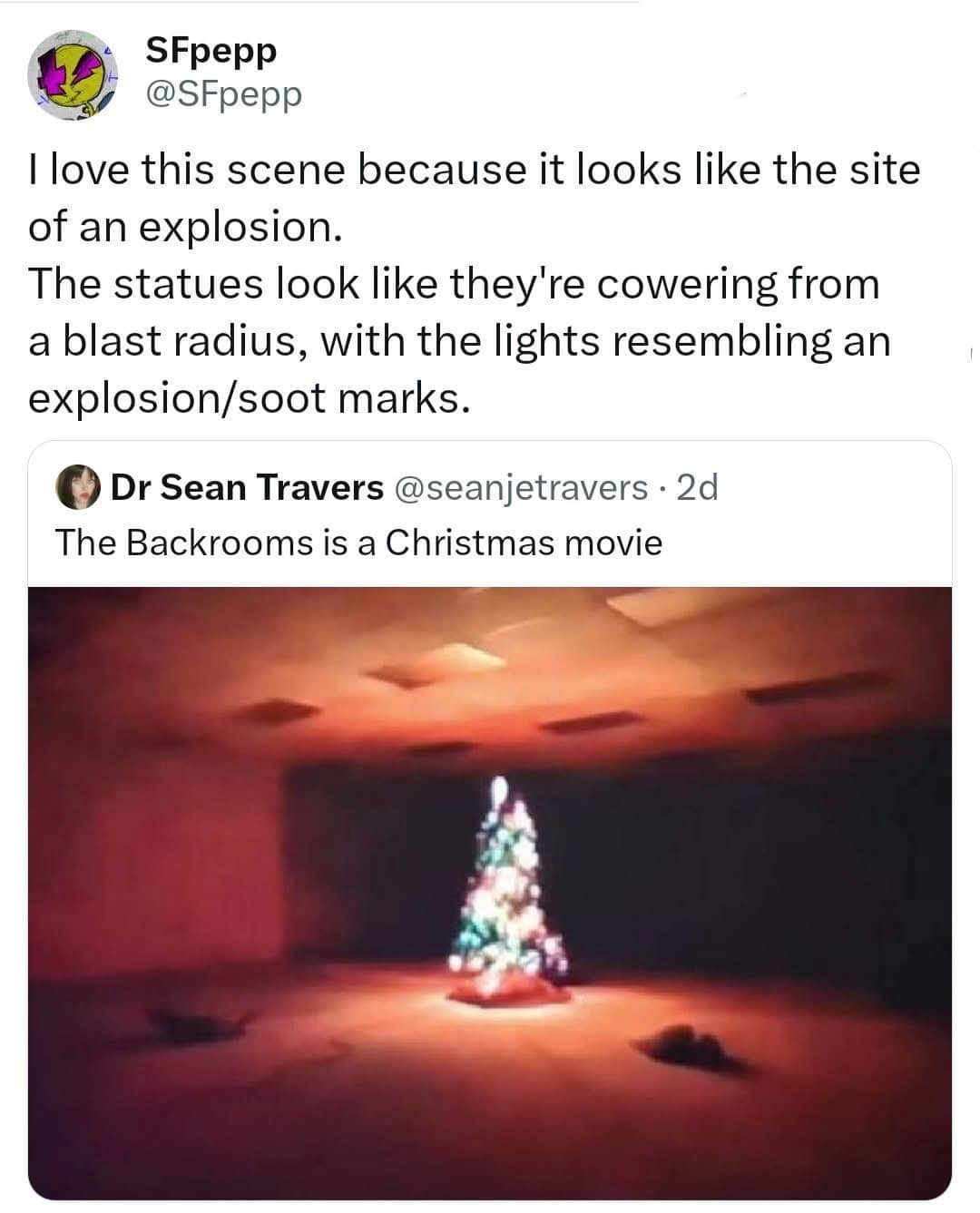 A tweet comparing a creepy Backrooms Christmas tree scene to a dramatic explosion radius.