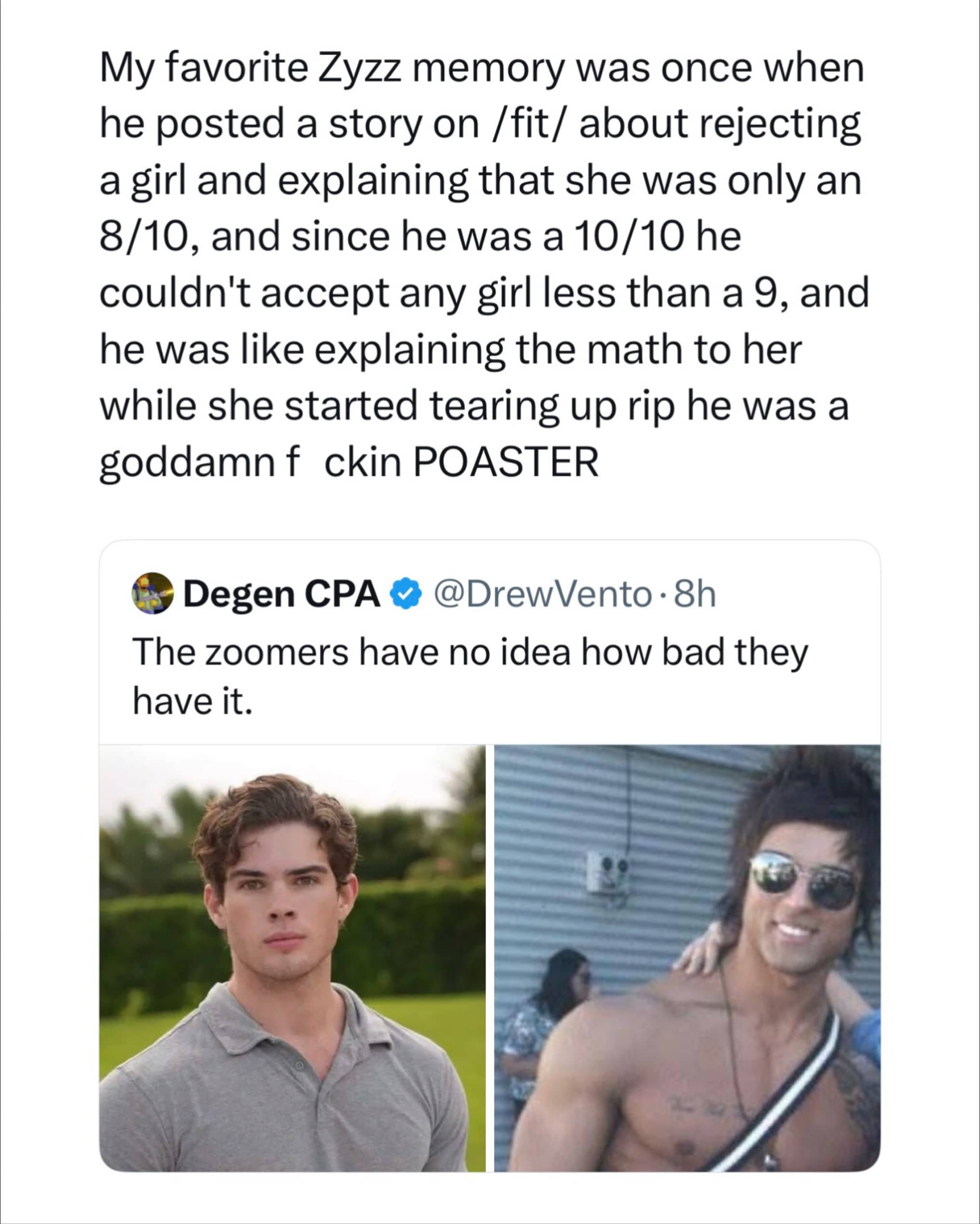 Funny tweet text story about internet personality Zyzz rejecting a girl using rating math.