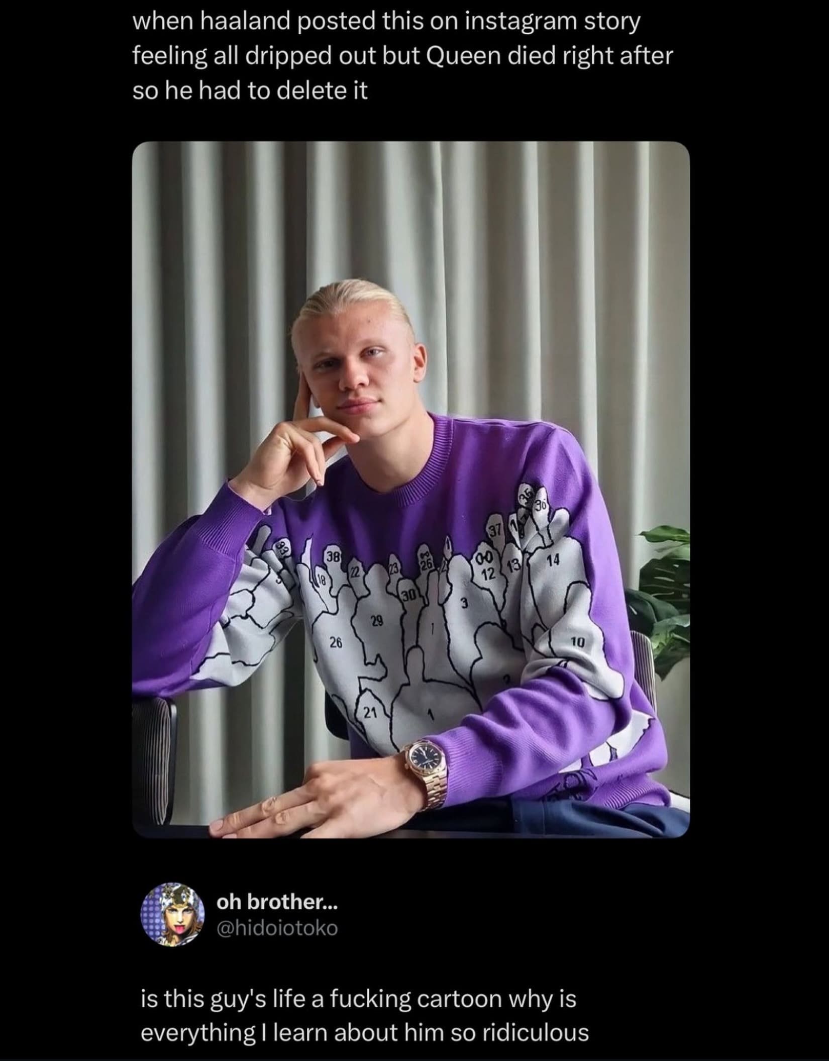 Funny tweet showing football player Erling Haaland posing in a purple knit sweater.