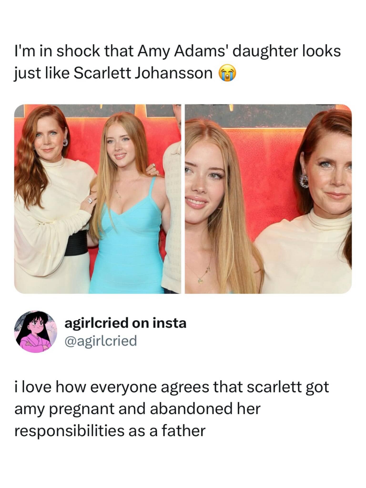 A red carpet photo of Amy Adams and her daughter with a funny comment.