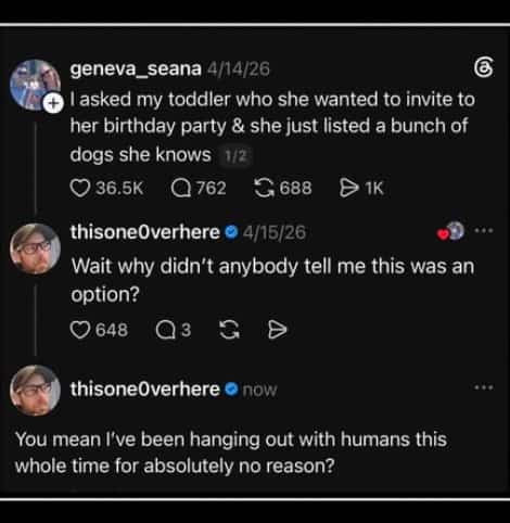 Social media thread screenshot detailing a toddler inviting a list of dogs to a birthday party.