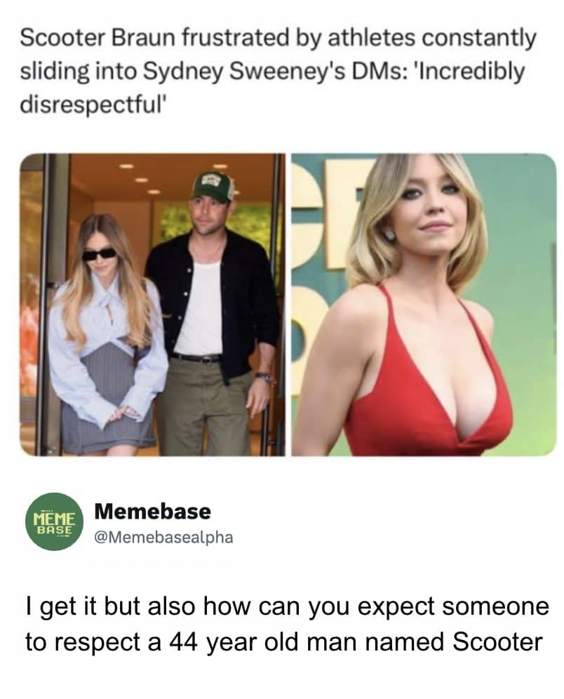 Entertainment news reaction post mocking celebrity music manager Scooter Braun over a dramatic relationship dispute.