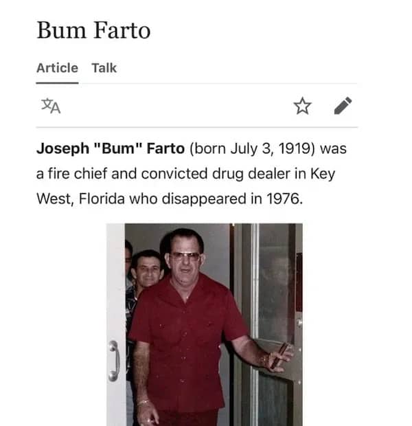 Wikipedia page article snippet for a man named Joseph Bum Farto funny name meme.