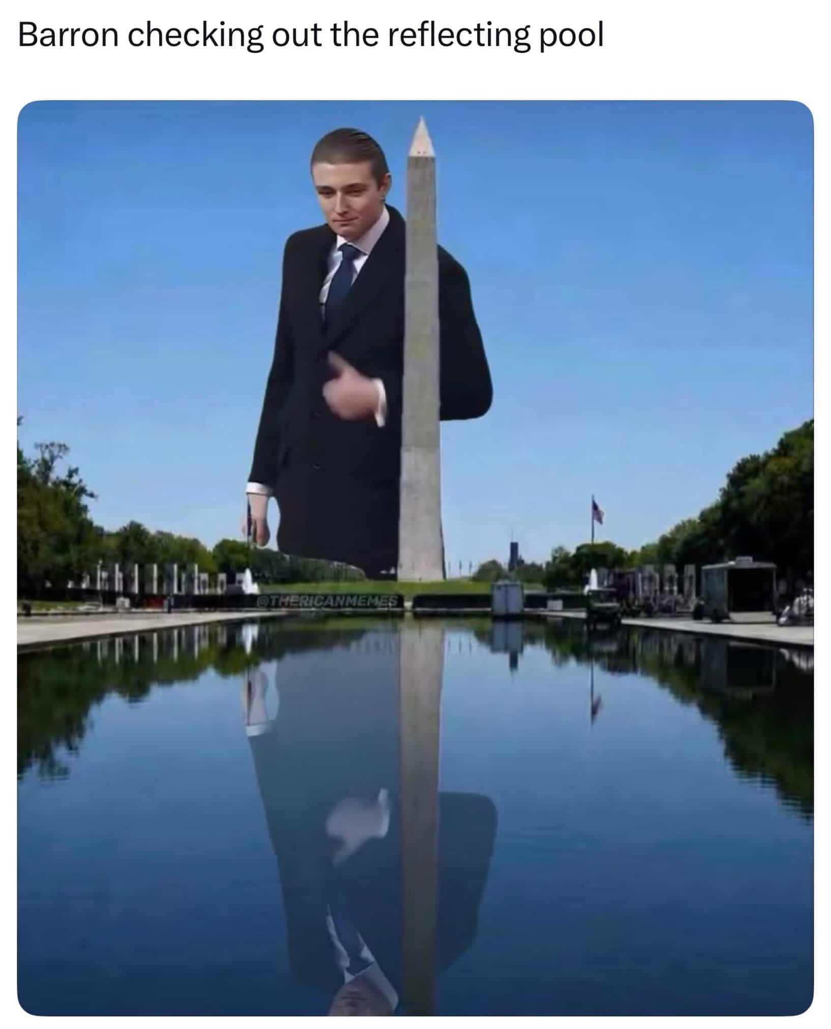 Tall Barron Trump photoshopped next to a giant Washington Monument reflecting pool.