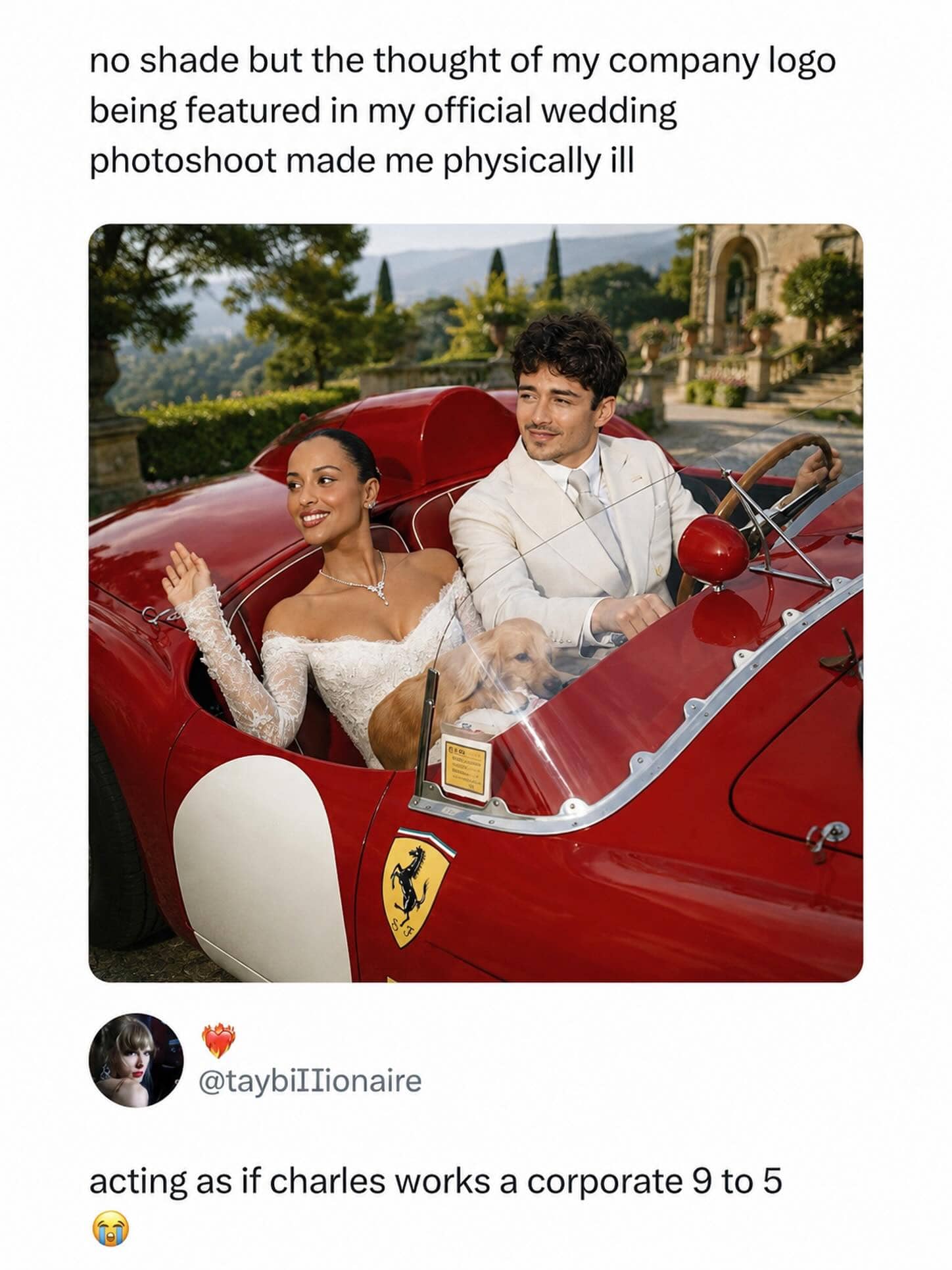 Formula One driver Charles Leclerc driving a vintage Ferrari sports car wedding photoshoot meme.