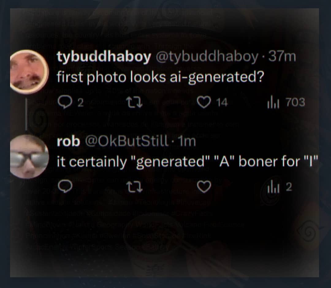 Crude social media comment thread response twisting an artificial intelligence photography observation into a dirty joke.