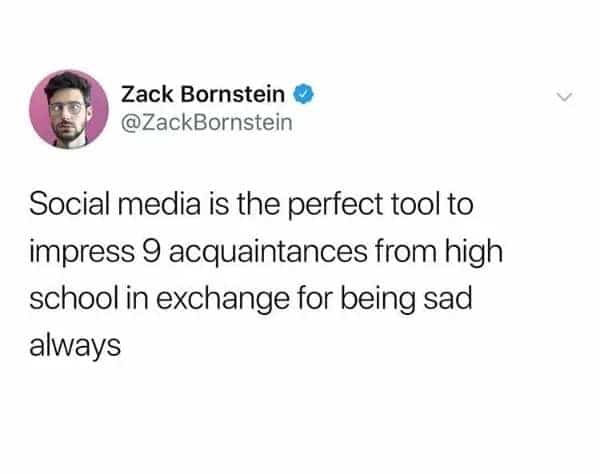 Funny social media post about using networking platforms to impress old acquaintances while being sad.