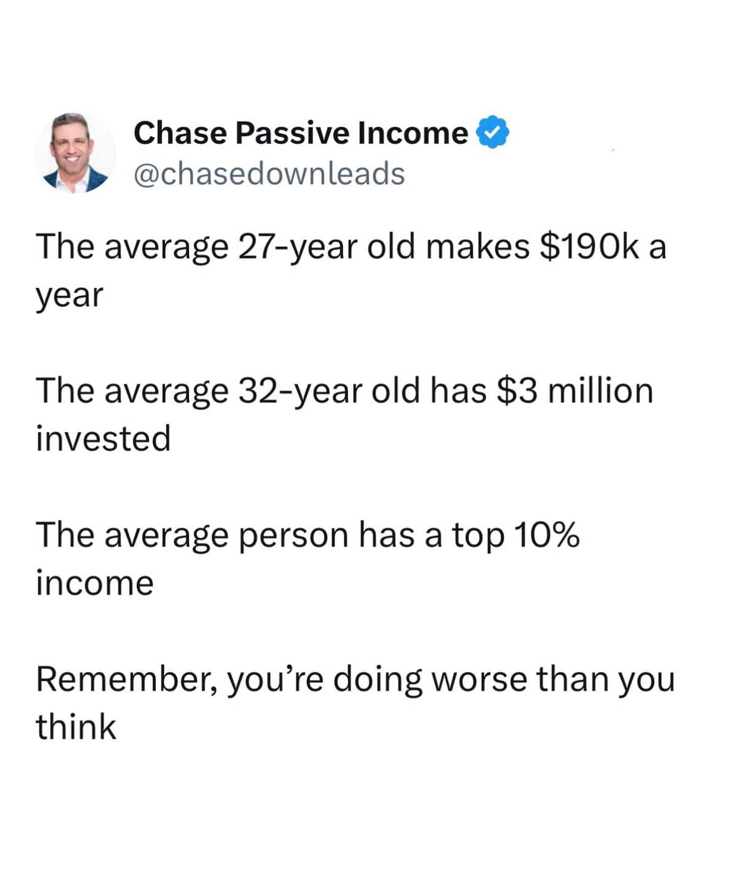 Satirical financial advice post listing mathematically impossible average wealth statistics to demotivate people.